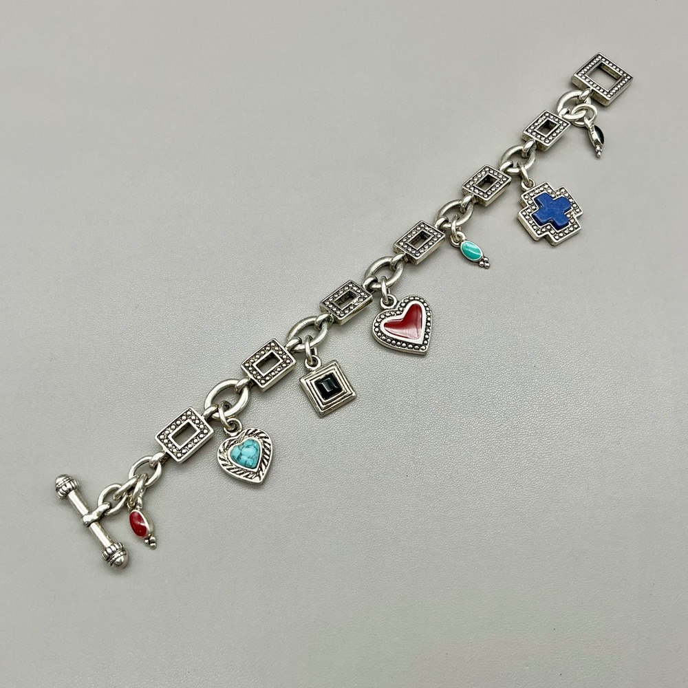 Premier Designs Charm Bracelet Women Silver Multi Heart Cross Toggle Clasp 7.5in